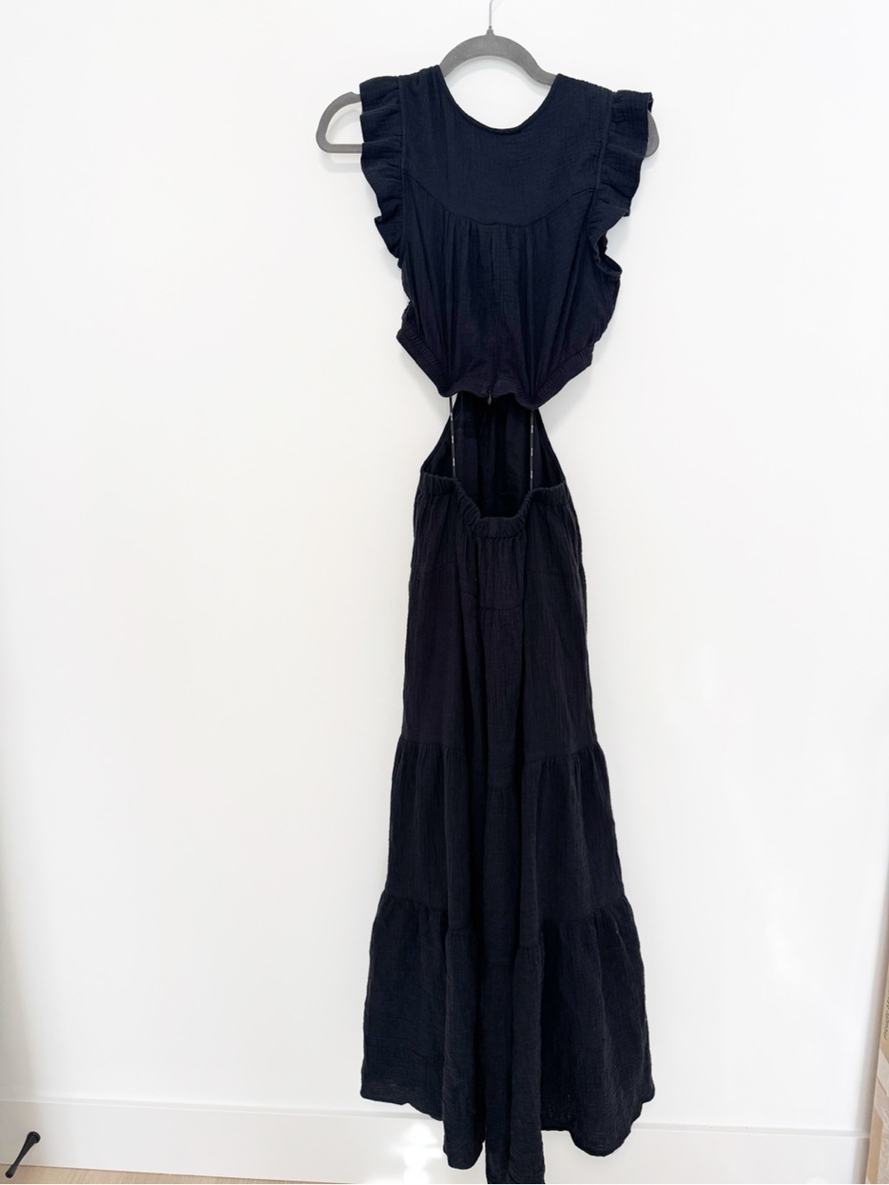NWT DKNY Jeans Women's Linen-Blend Tiered V-Neck Cutout Dress Black Sz S - Picture 5 of 7